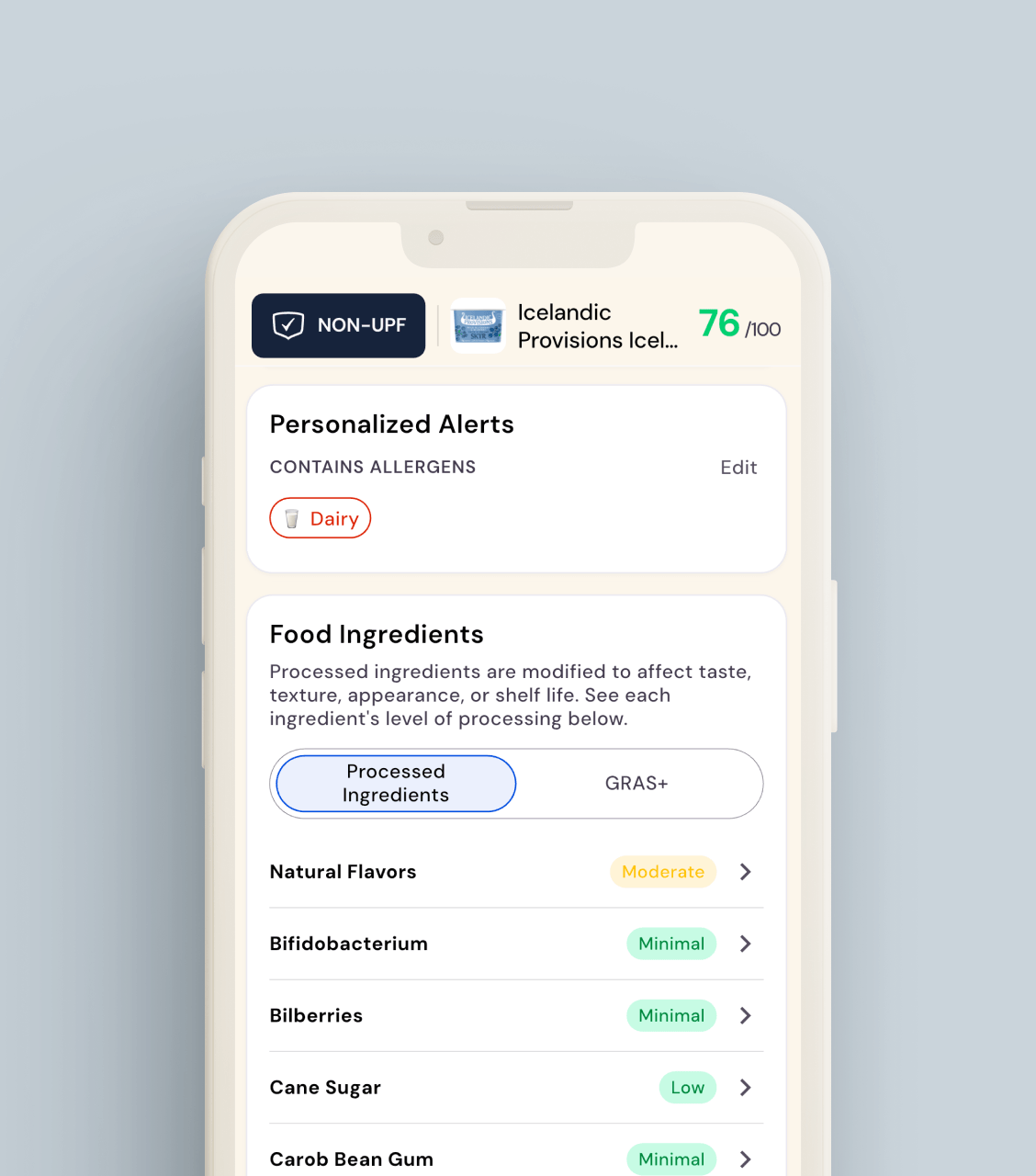 WISEcode app screen showing a personalized dairy allergen alert for a scanned product