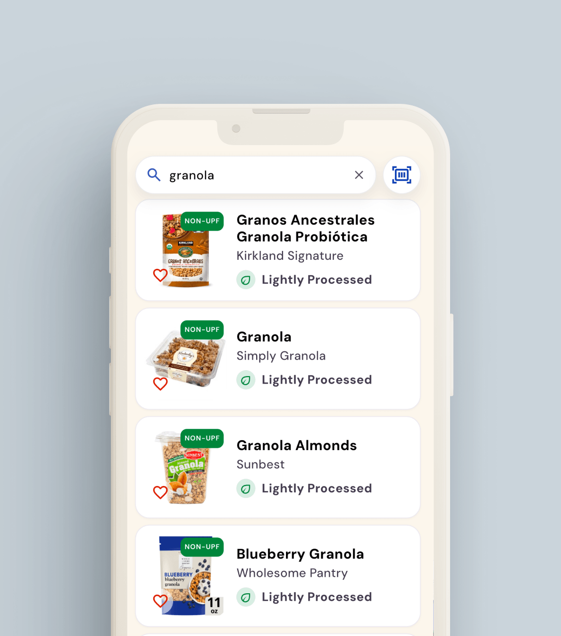 WISEcode UPF Detector App showing search results for granola with product images and labels indicating lightly processed status.
