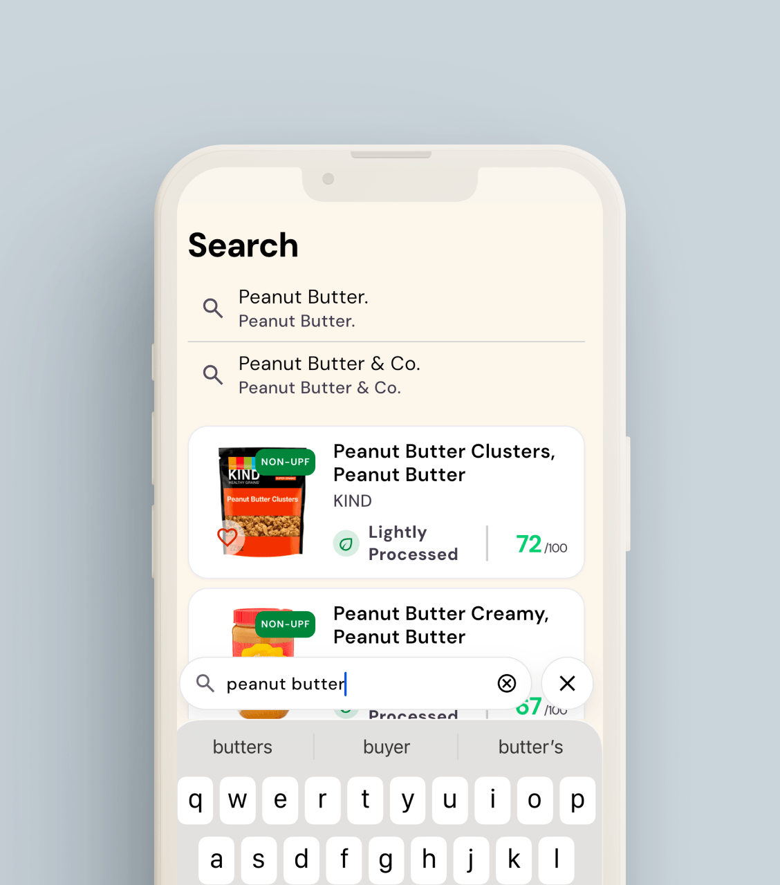 WISEcode app search screen showing non-UPF peanut butter product results