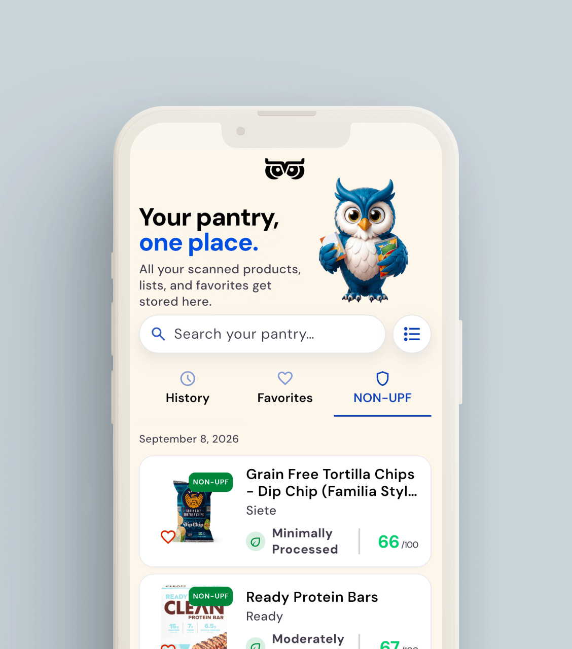 WISEcode app pantry screen with saved and scanned non-UPF products organized by list