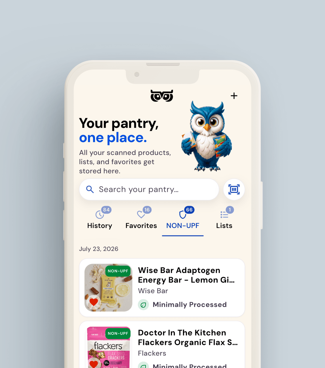 WISEcode Non-UPF App screen showing pantry favorites with minimally and lightly processed non-UPF food items.