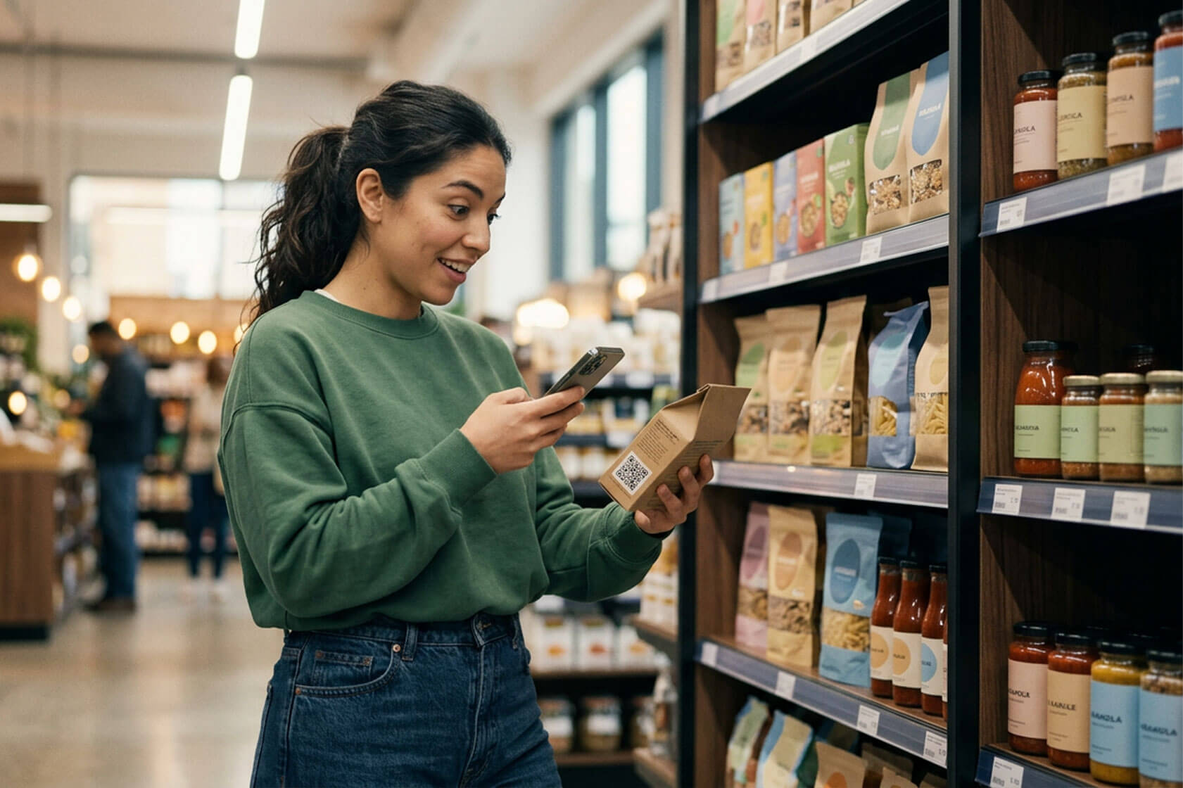 Woman in green sweater scanning a product's barcode with the WISEcode UPF Detector App in a store aisle.