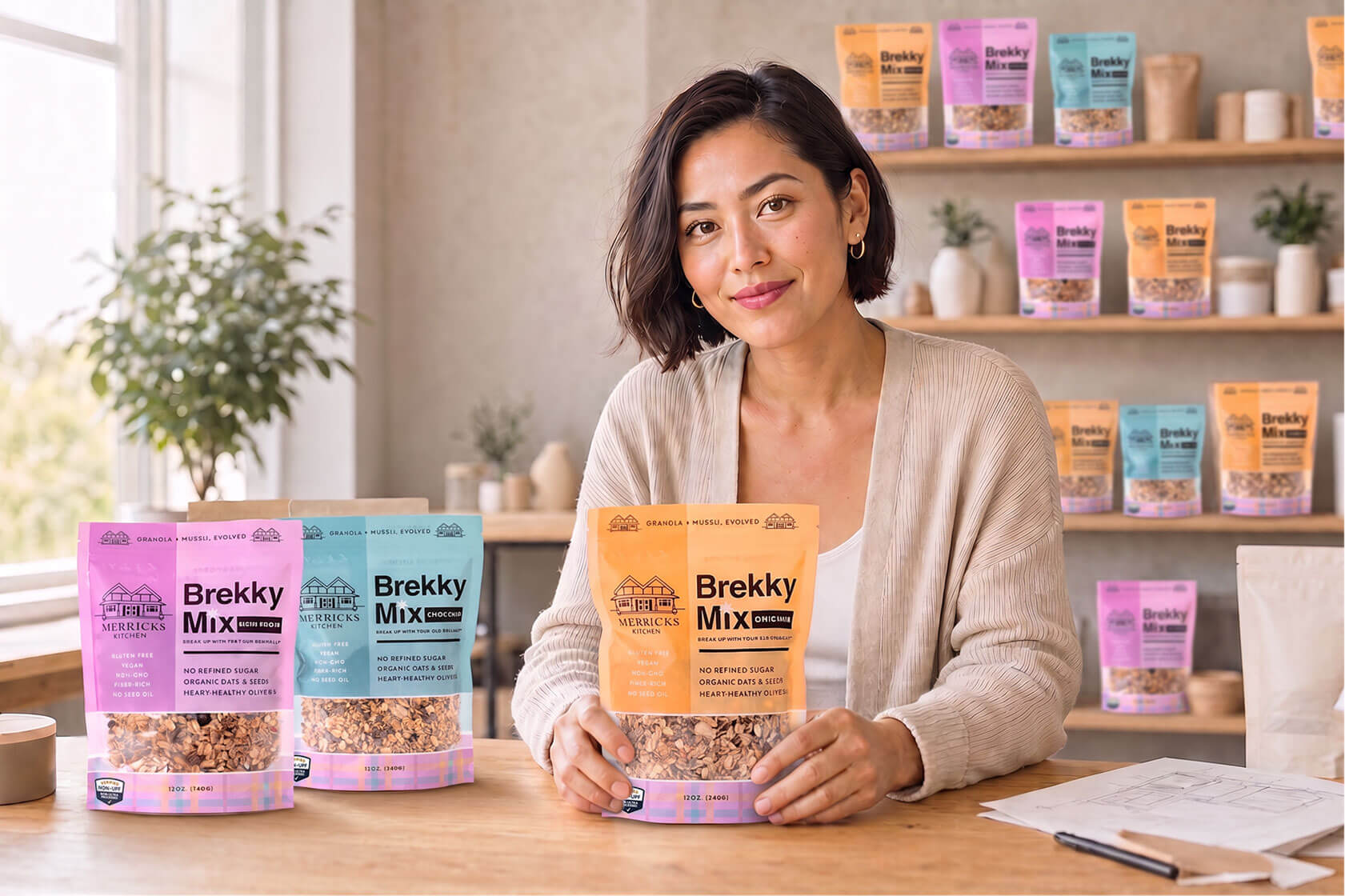 Woman sitting at a table holding an orange bag of Brekky Mix granola with the WISEcode Non-UPF Shield.