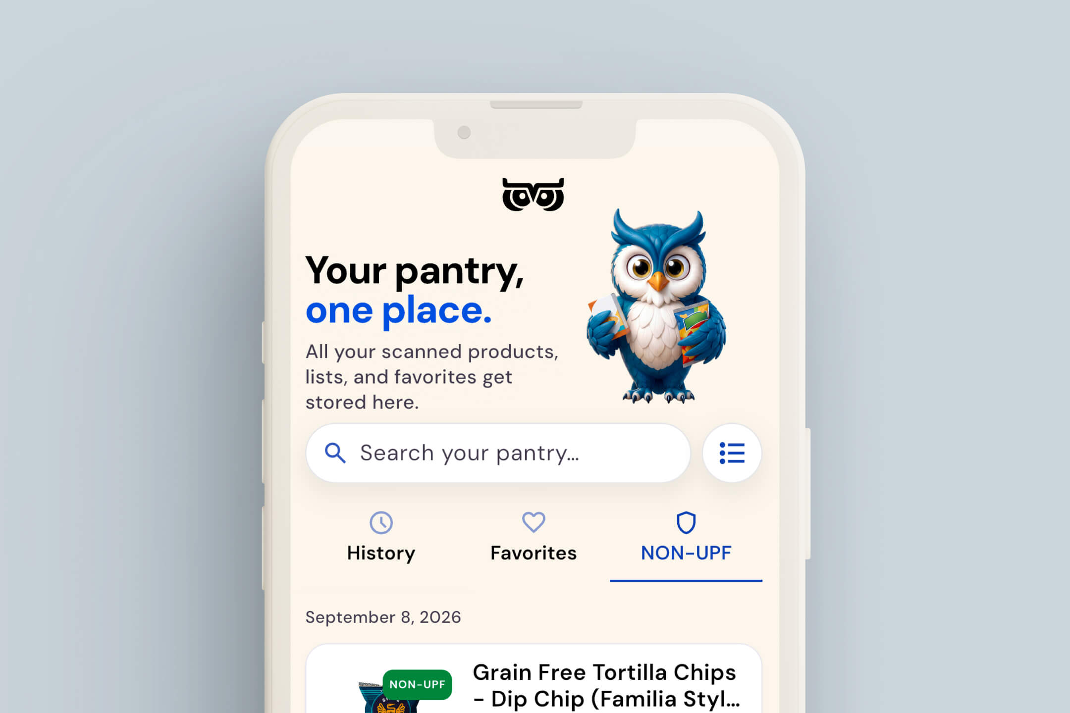 Mobile app screen of WISEcode UPF Detector App showing pantry storage with product search, categories, and an owl mascot holding items.