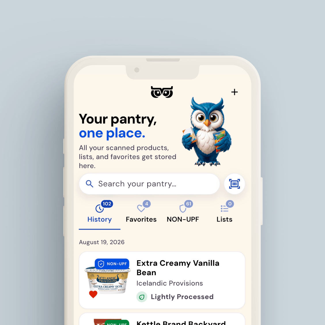 Mobile app screen of WISEcode UPF Detector App showing pantry storage with product search, categories, and an owl mascot holding items.