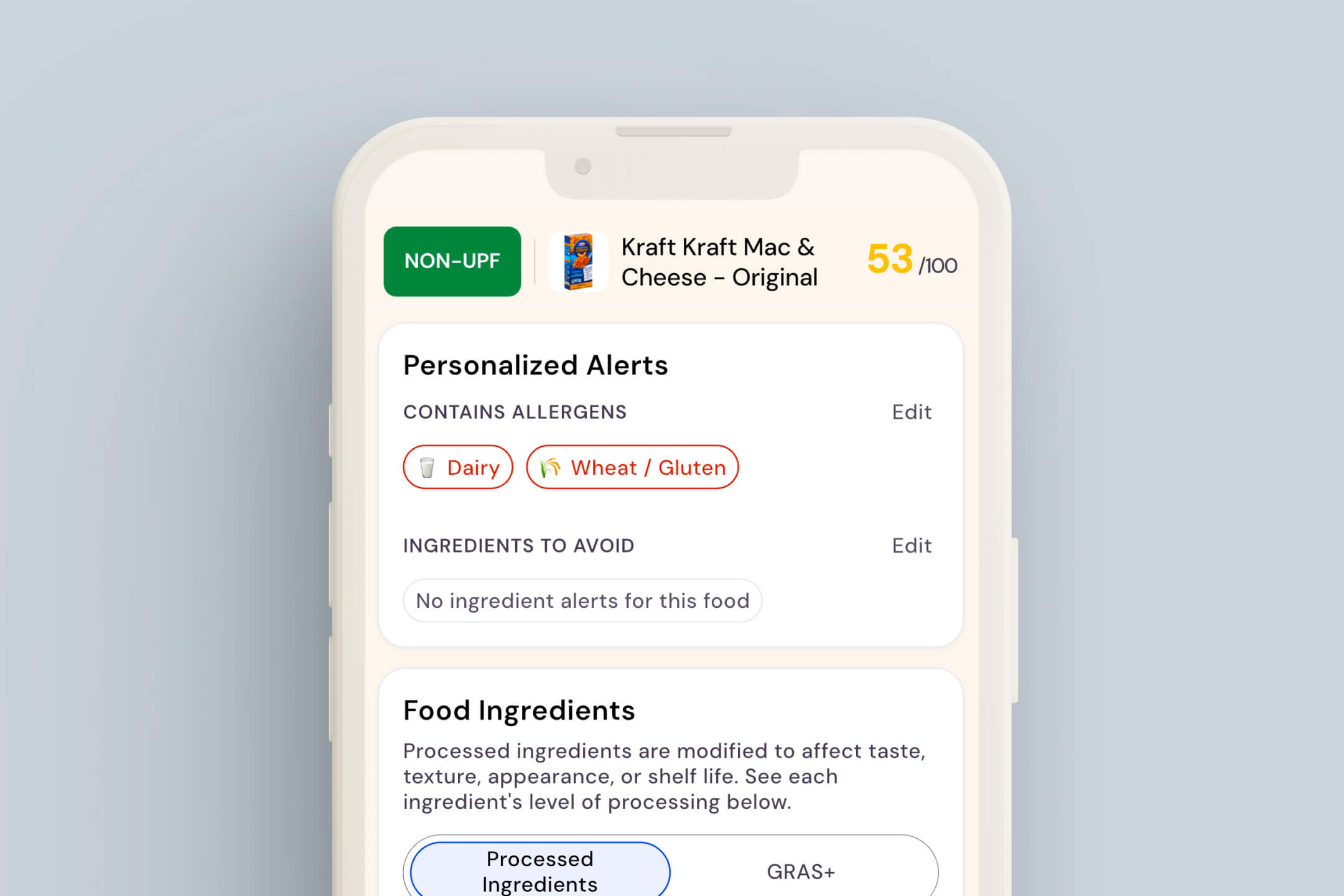 Mobile app screen showing personalized alerts for Kraft Mac & Cheese Original, with a score of 53 out of 100, labeled as NON-UPF, allergen alerts for dairy and wheat/gluten, no ingredient alerts to avoid, and a section explaining processed ingredients and their impact.