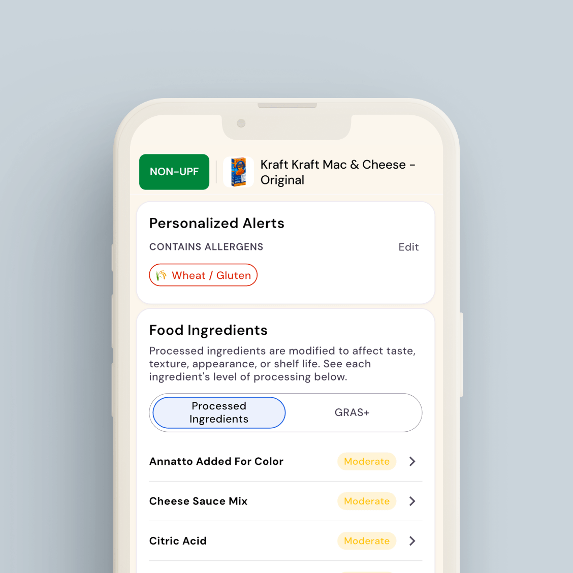 Mobile app screen of the WISEcode UPF Detector App for Kraft Mac & Cheese showing allergens and food ingredients with processing levels.