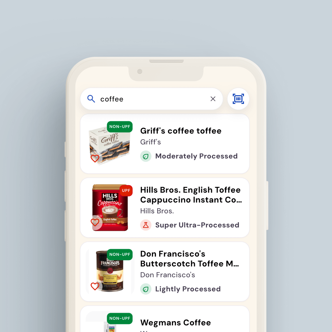 Mobile screen of the WISEcode UPF Detector App showing coffee search results with product images and processing levels labeled.