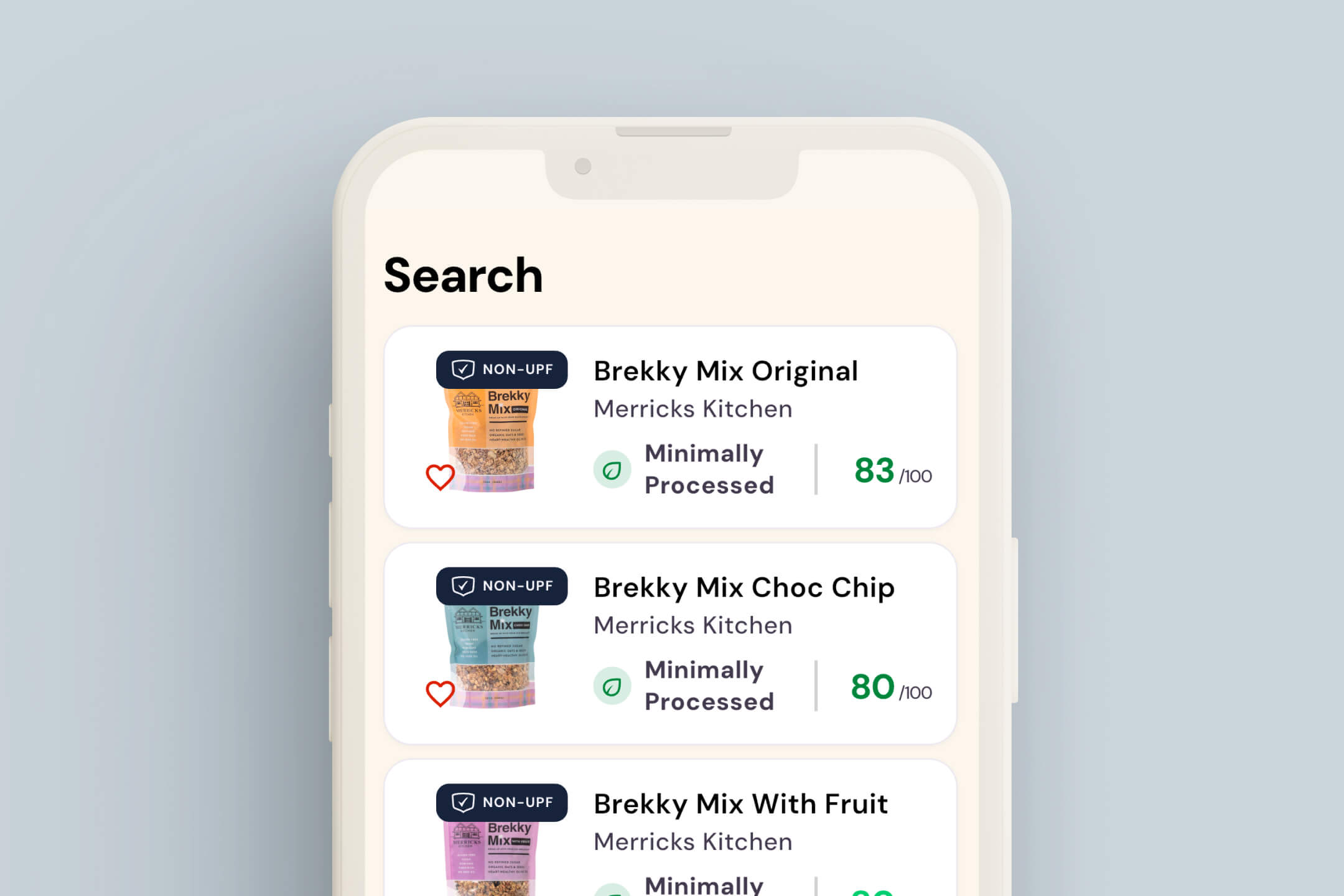Mobile app screen showing search results for Merricks Kitchen Brekky Mix products: Original with score 83, Choc Chip with score 80, and With Fruit, all labeled minimally processed and non-UPF.