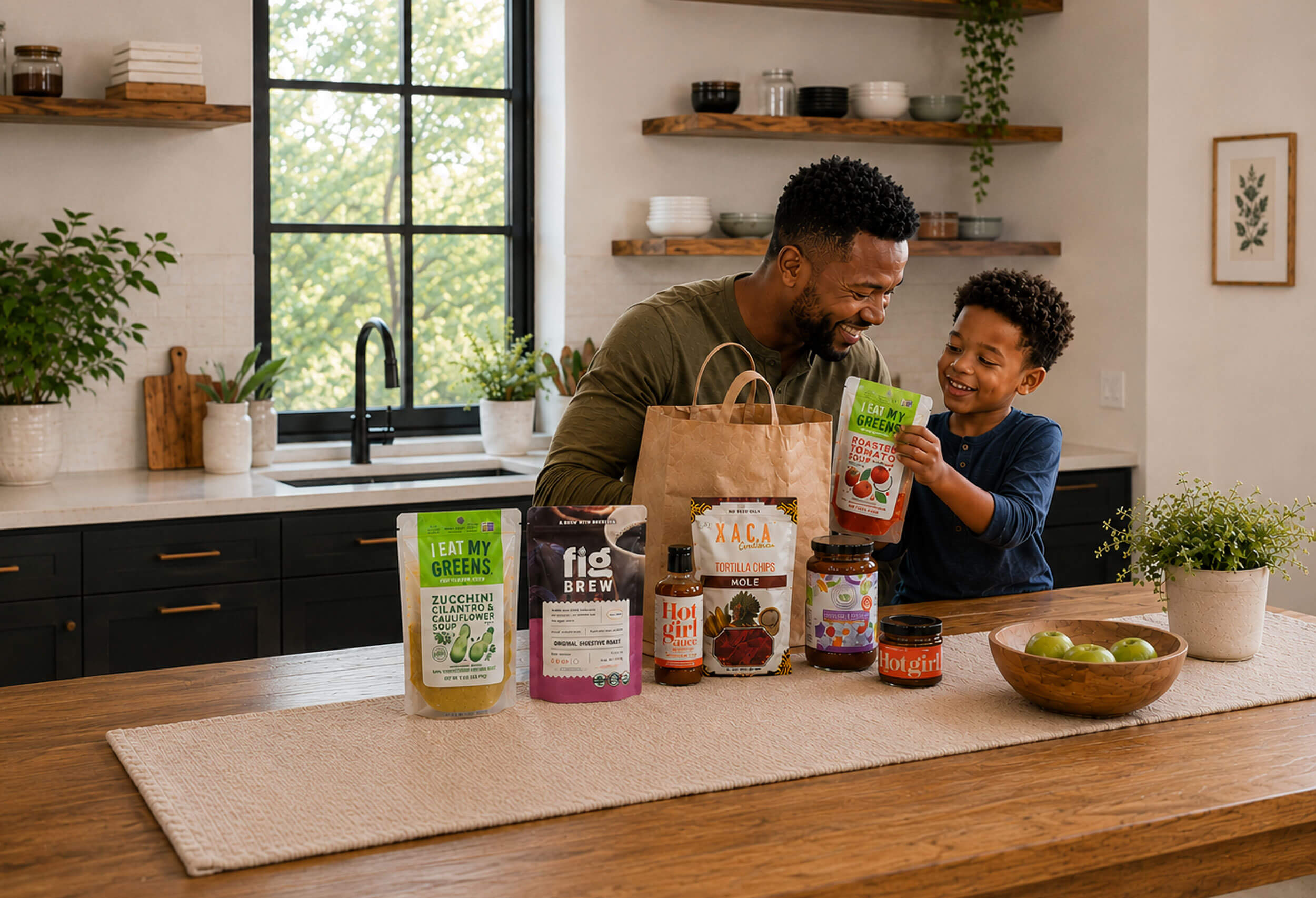 Father and son smiling in kitchen with grocery items and a paper bag on wooden table.