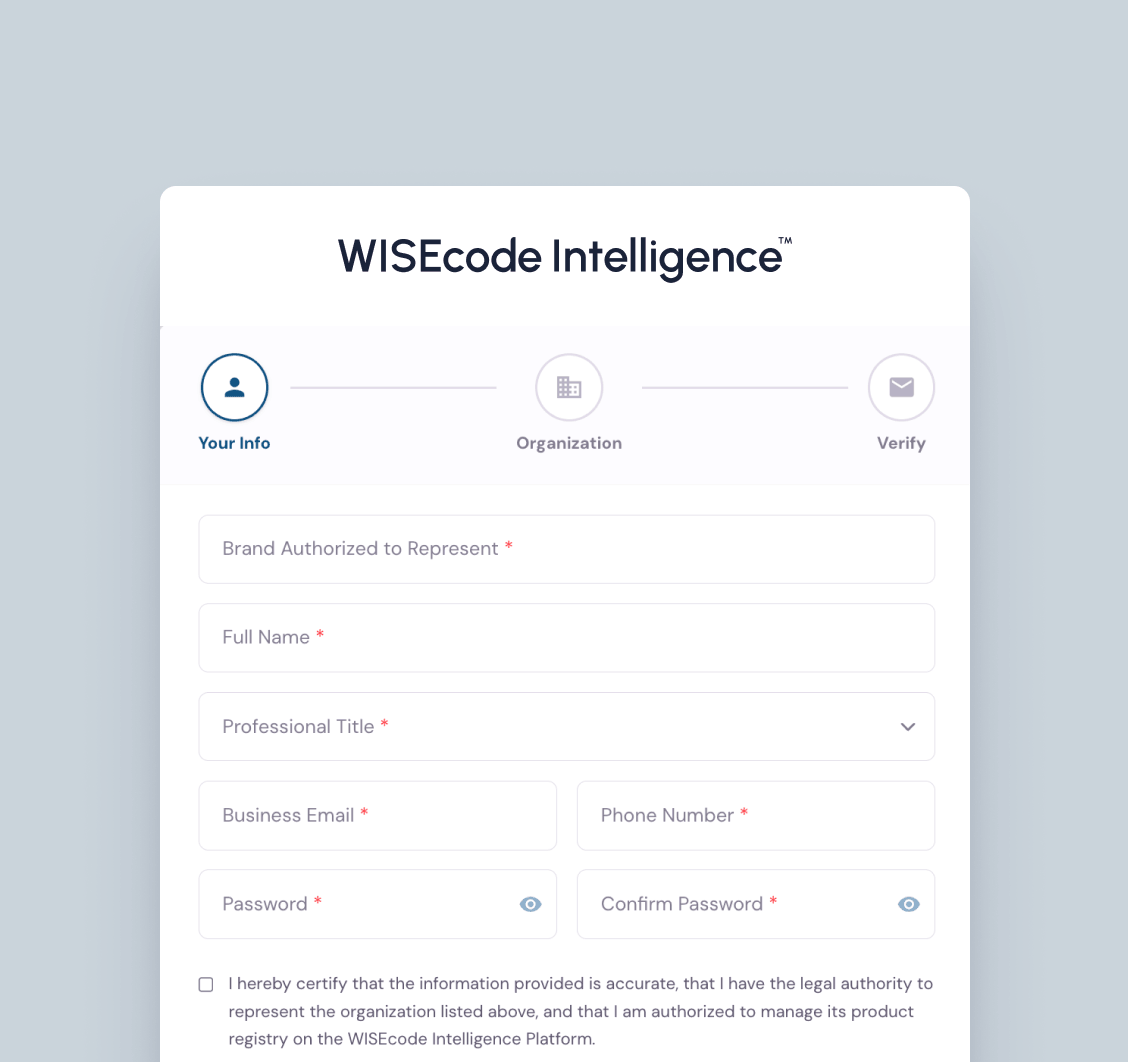 Form on WISEcode Intelligence asking for brand, name, title, email, phone, and password with verification steps.