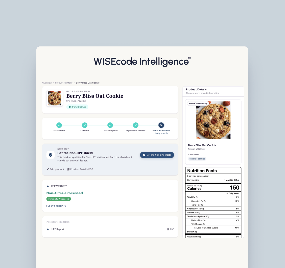 WISEcode Intelligence interface showing Berry Bliss Oat Cookie verified as Non-UPF with nutrition facts and product details.