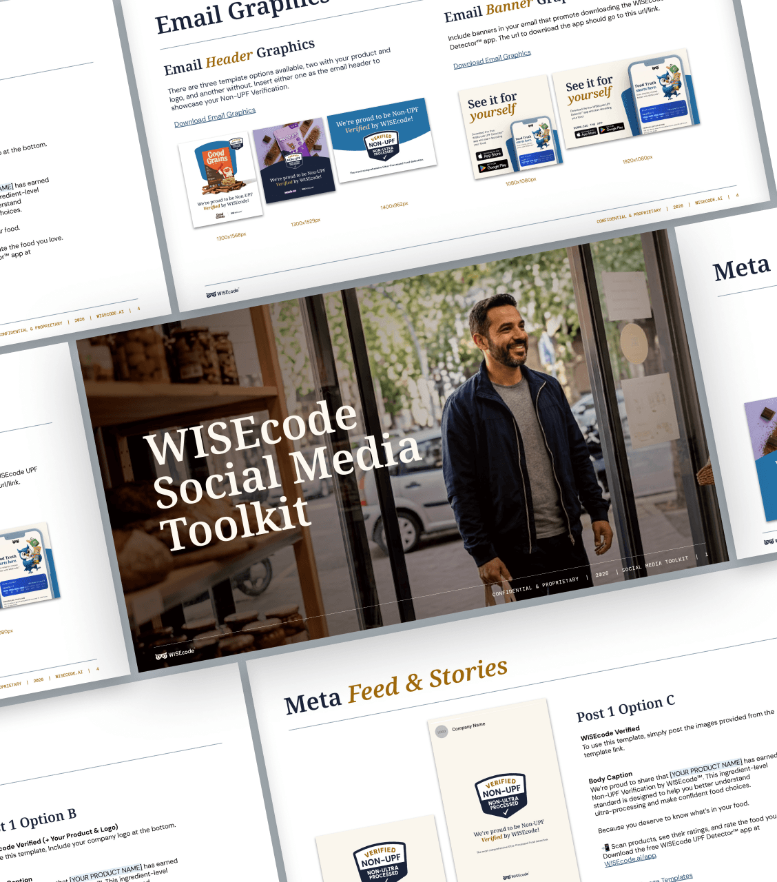 Slides from WISEcode Social Media Toolkit featuring a man entering a shop and app promotion tips.