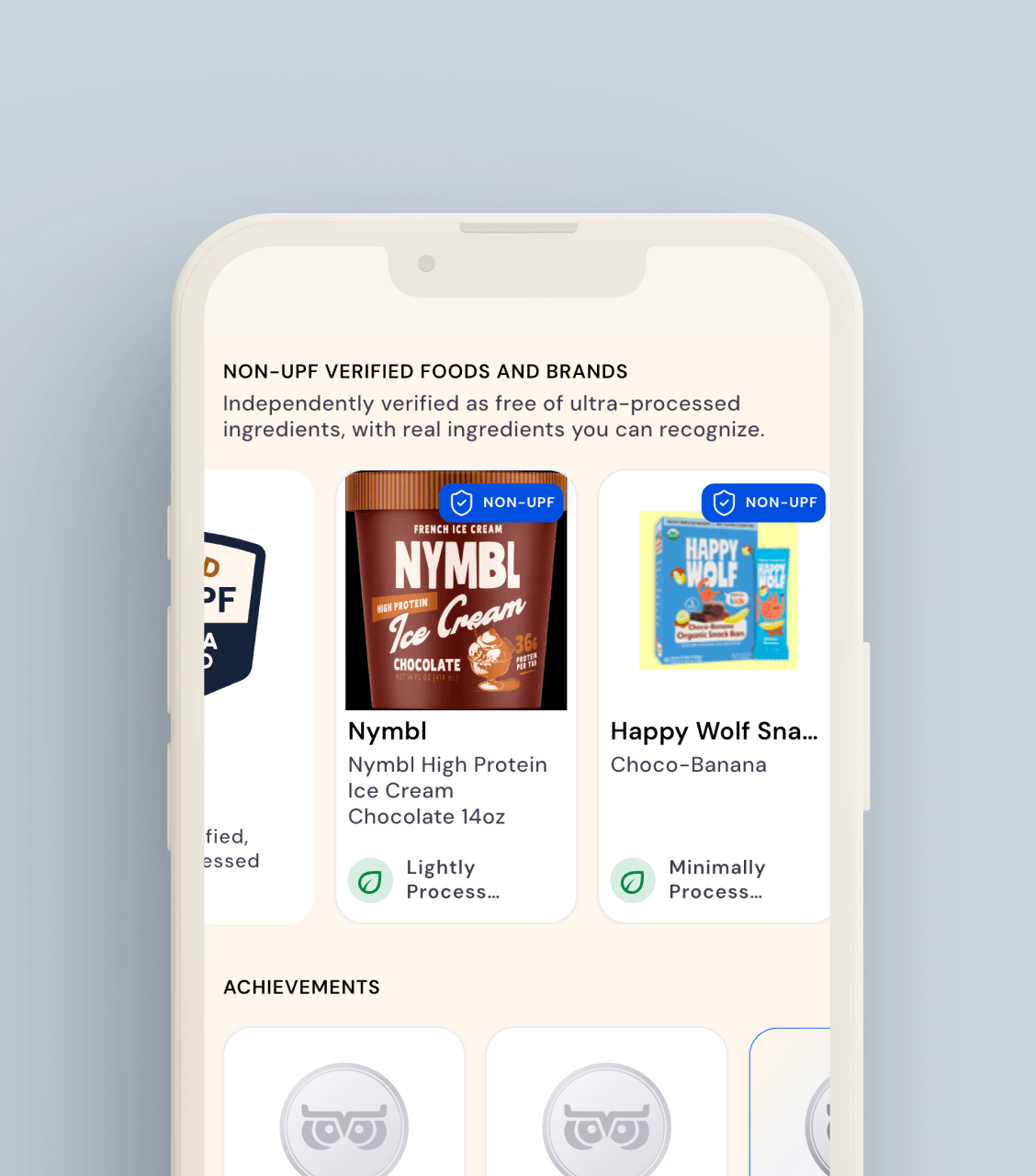 WISEcode UPF Detector App screen showing non-UPF verified foods: Nymbl chocolate ice cream and Happy Wolf snack bars.