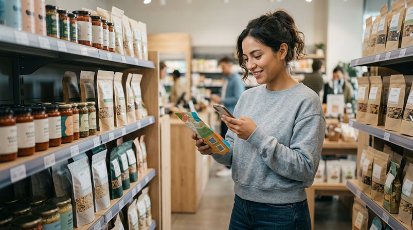 Woman in gray sweatshirt uses phone while checking packaged goods in a grocery store aisle.