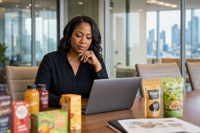 Woman focused on laptop at conference table with assorted packaged food products displayed nearby.