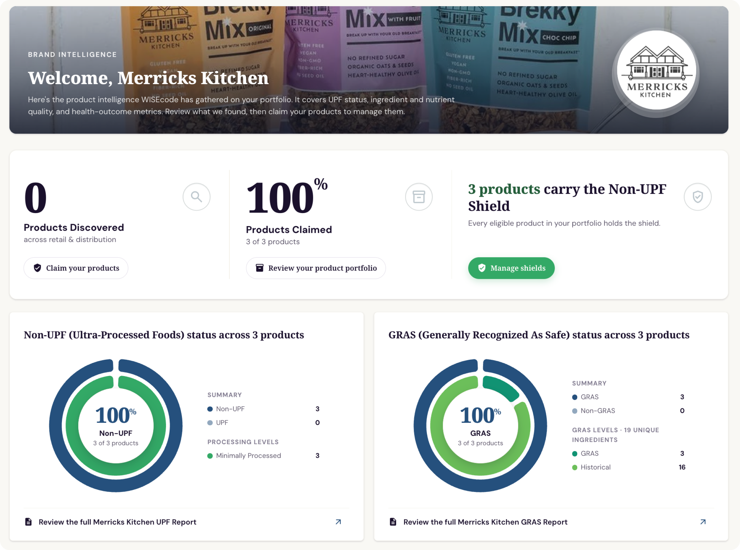 WISEcode Intelligence dashboard showing Merricks Kitchen product status: 3 claimed, 100% Non-UPF and GRAS compliance.