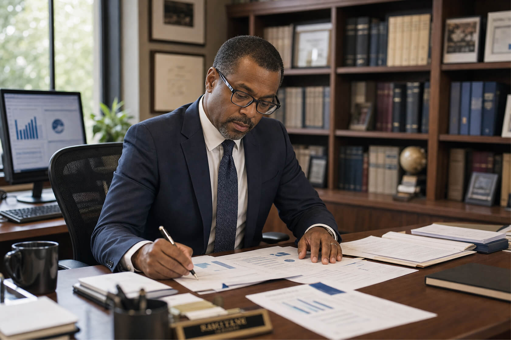 Man in a suit and glasses working at a desk, reviewing and marking papers with charts and graphs in an office with bookshelves and a computer in the background.