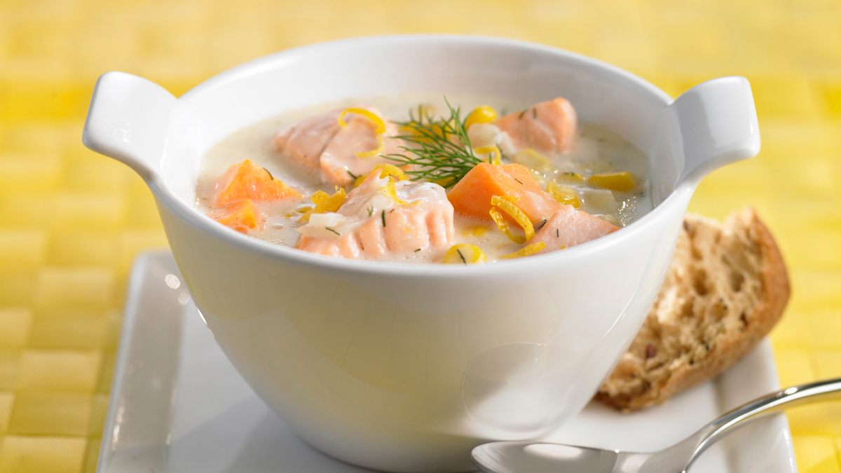Corn, sweet potato and salmon chowder