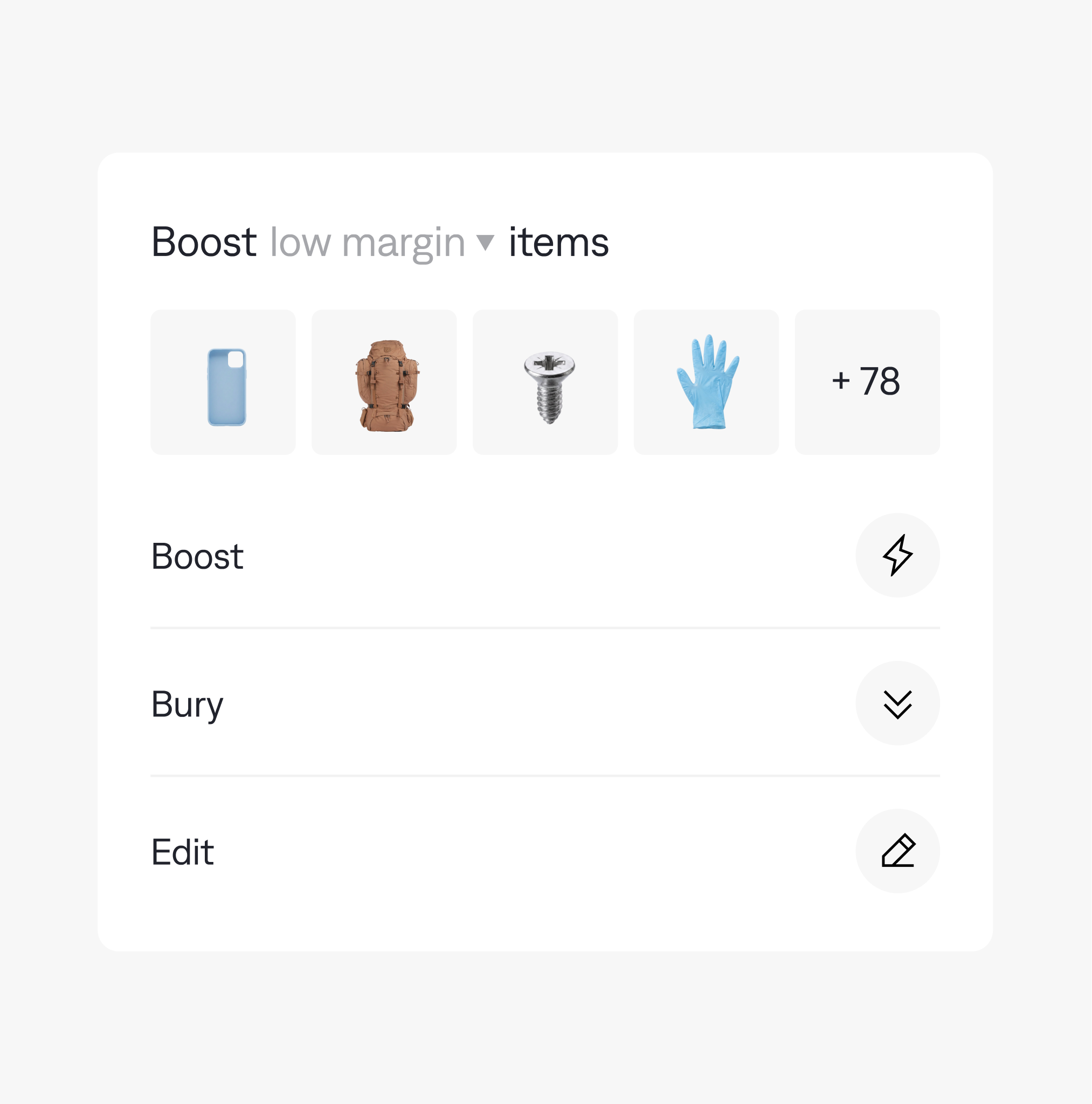 Backend view showing products pinned to specific positions