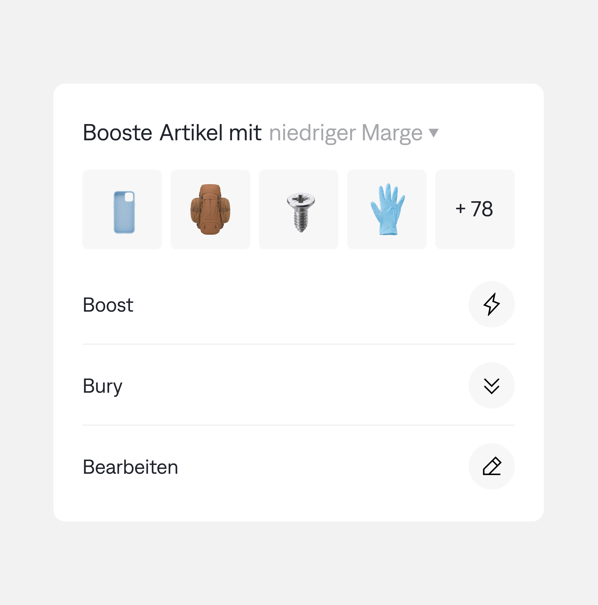 Backend-Ansicht mit Produkten auf festen Positionen