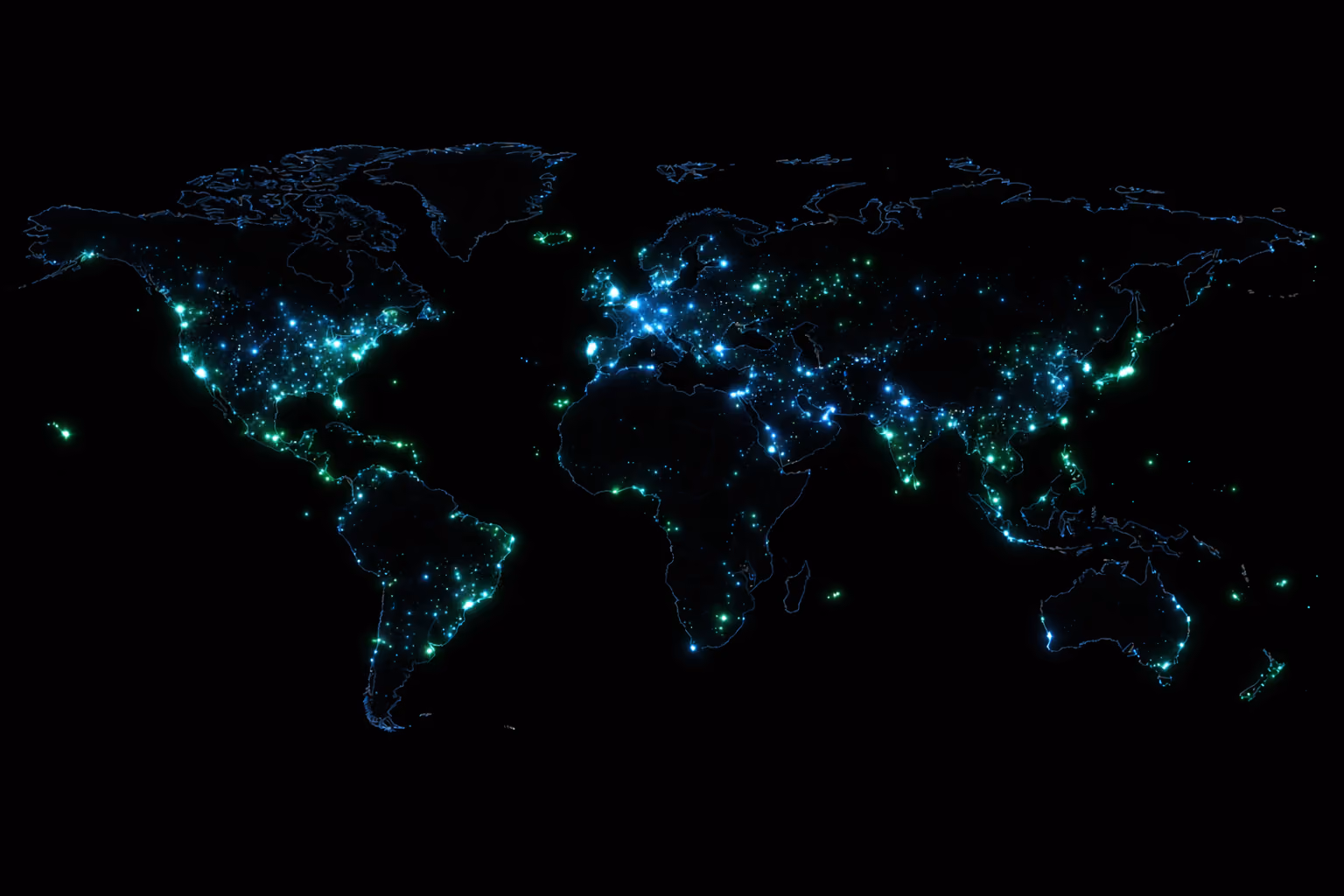 World map with glowing blue and green lights highlighting major cities and populated areas globally against a black background.