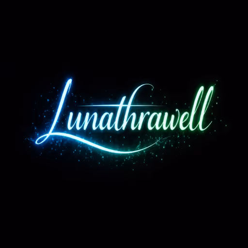 Glowing script text reading 'Lunathrawell' in a gradient from blue to green on a black background with small sparkling light effects around the letters.