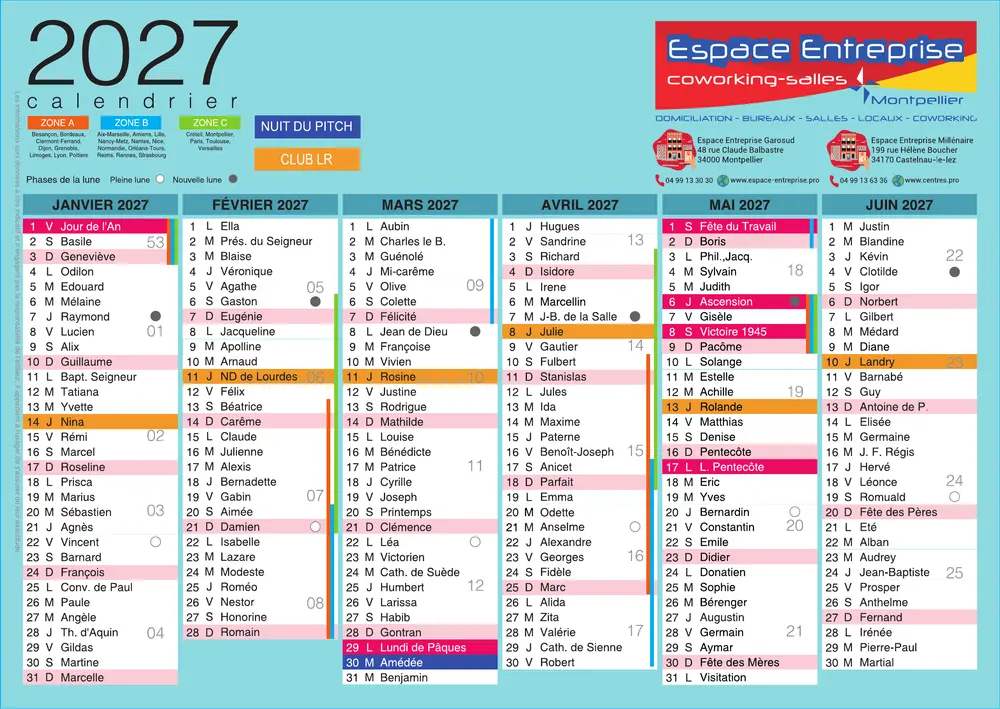Calendrier 2027 des événements Club LR et Espace Entreprise — janvier à juin