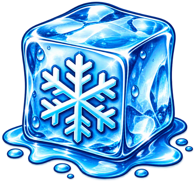 Shiny blue ice cube with a white snowflake inside, melting with water droplets around it.