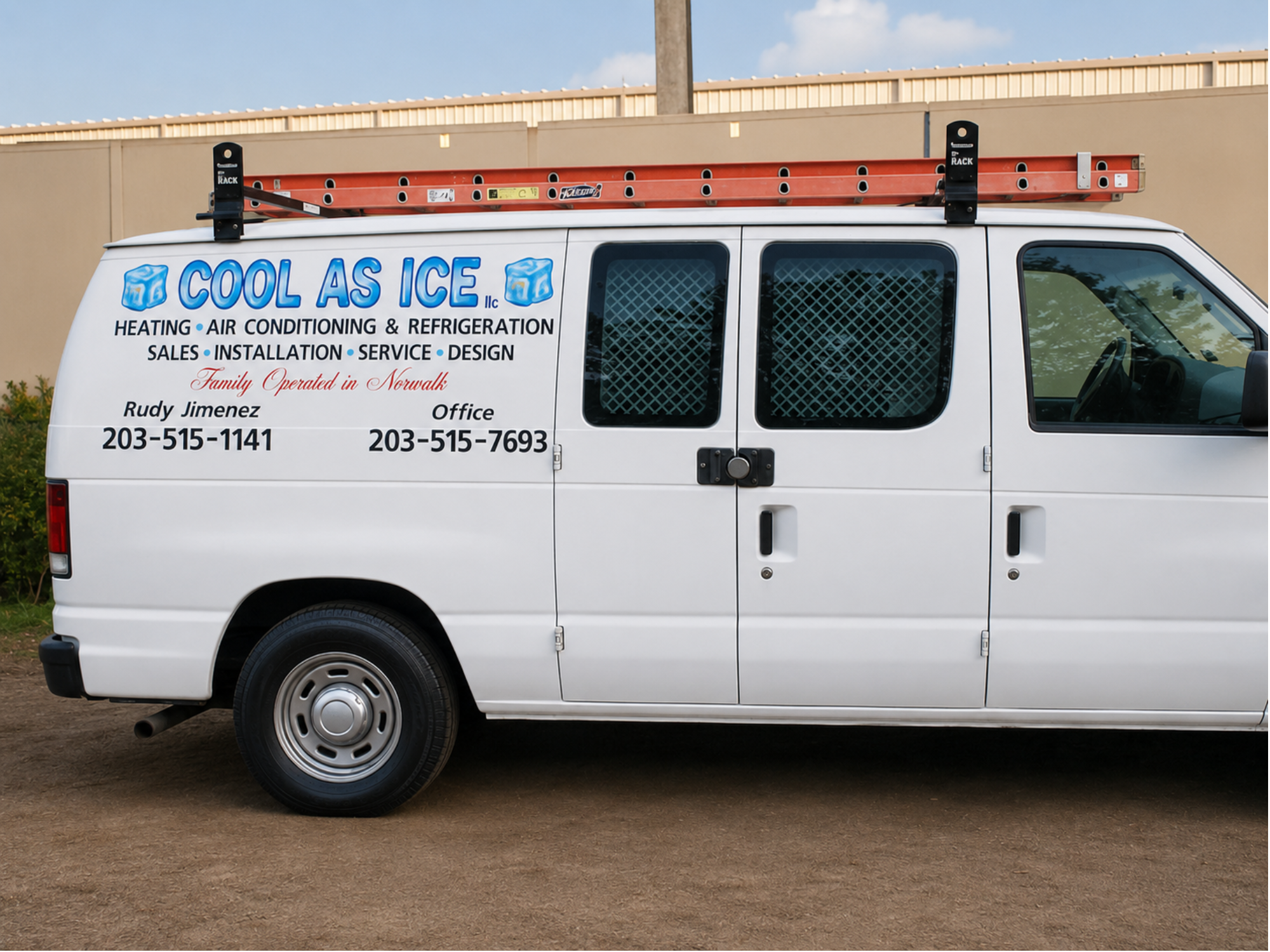 White service van with Cool As Ice heating, air conditioning, refrigeration company info and phone numbers.