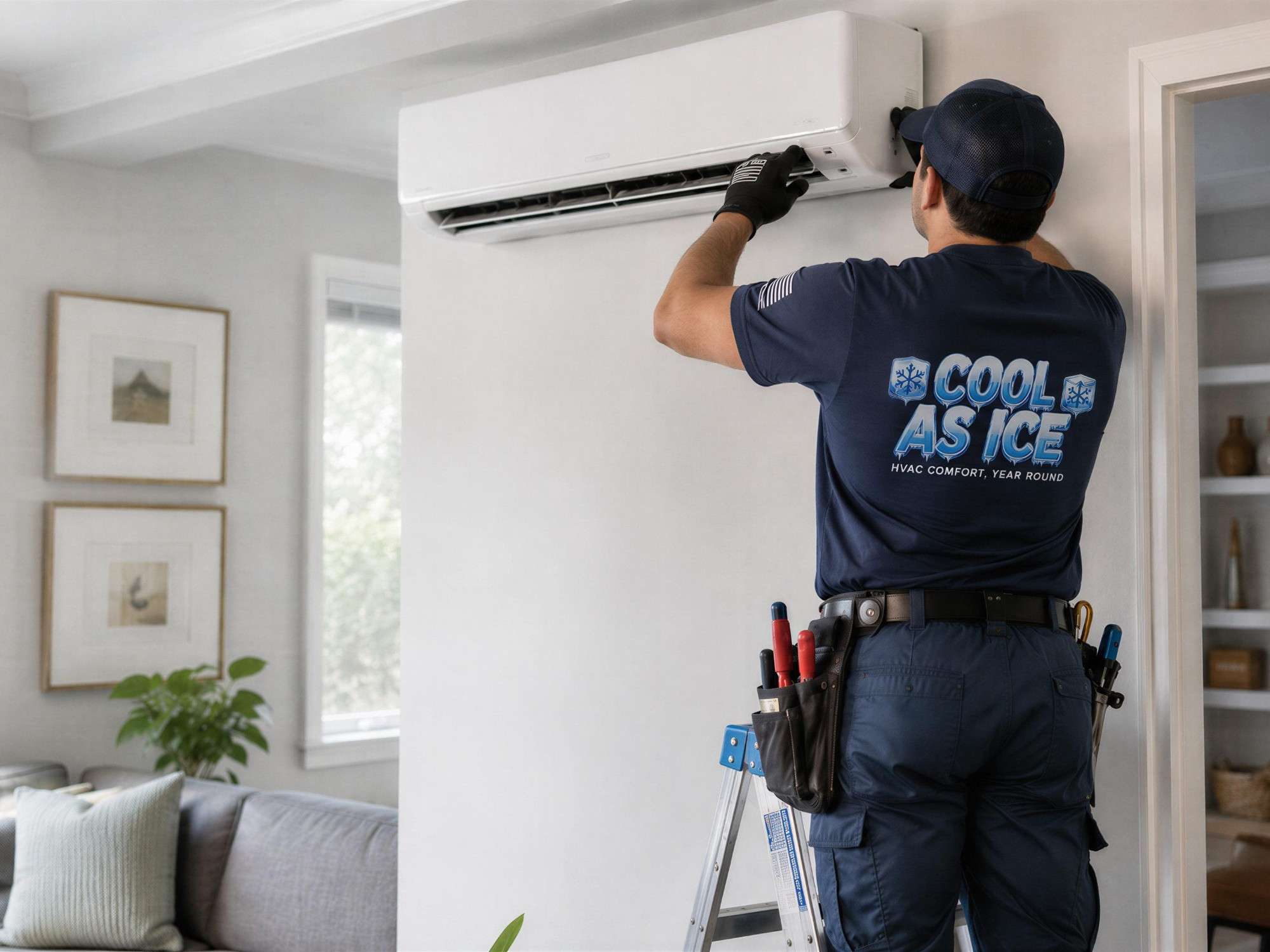 Technician wearing 'Cool As Ice' shirt installing a wall-mounted air conditioning unit in a living room.