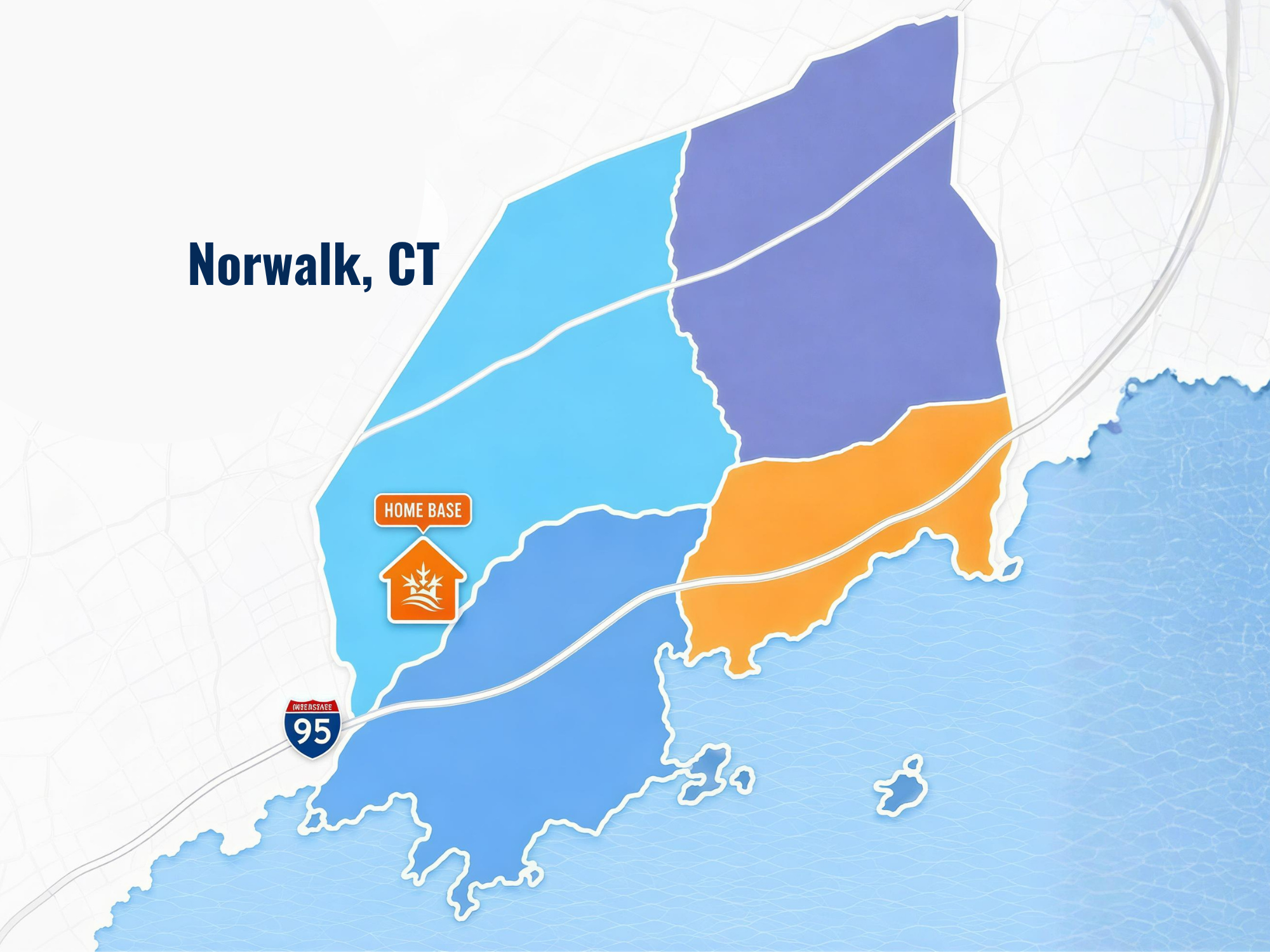 Map of Norwalk, CT, showing colored districts, I-95 highway, and a marked home base location.