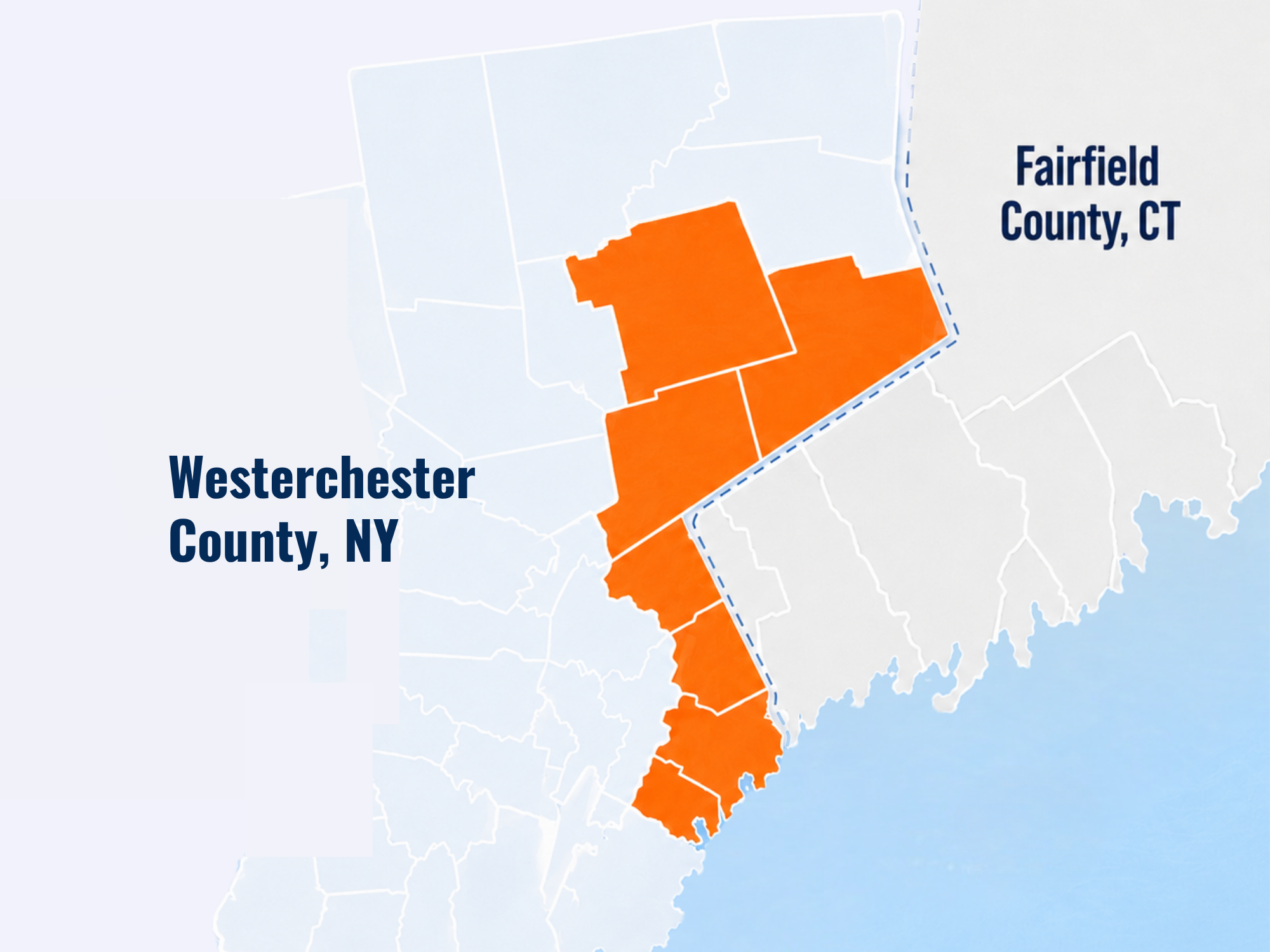 Map highlighting Norwalk in orange within Fairfield County, CT and adjacent Westchester County, NY in shades of blue.