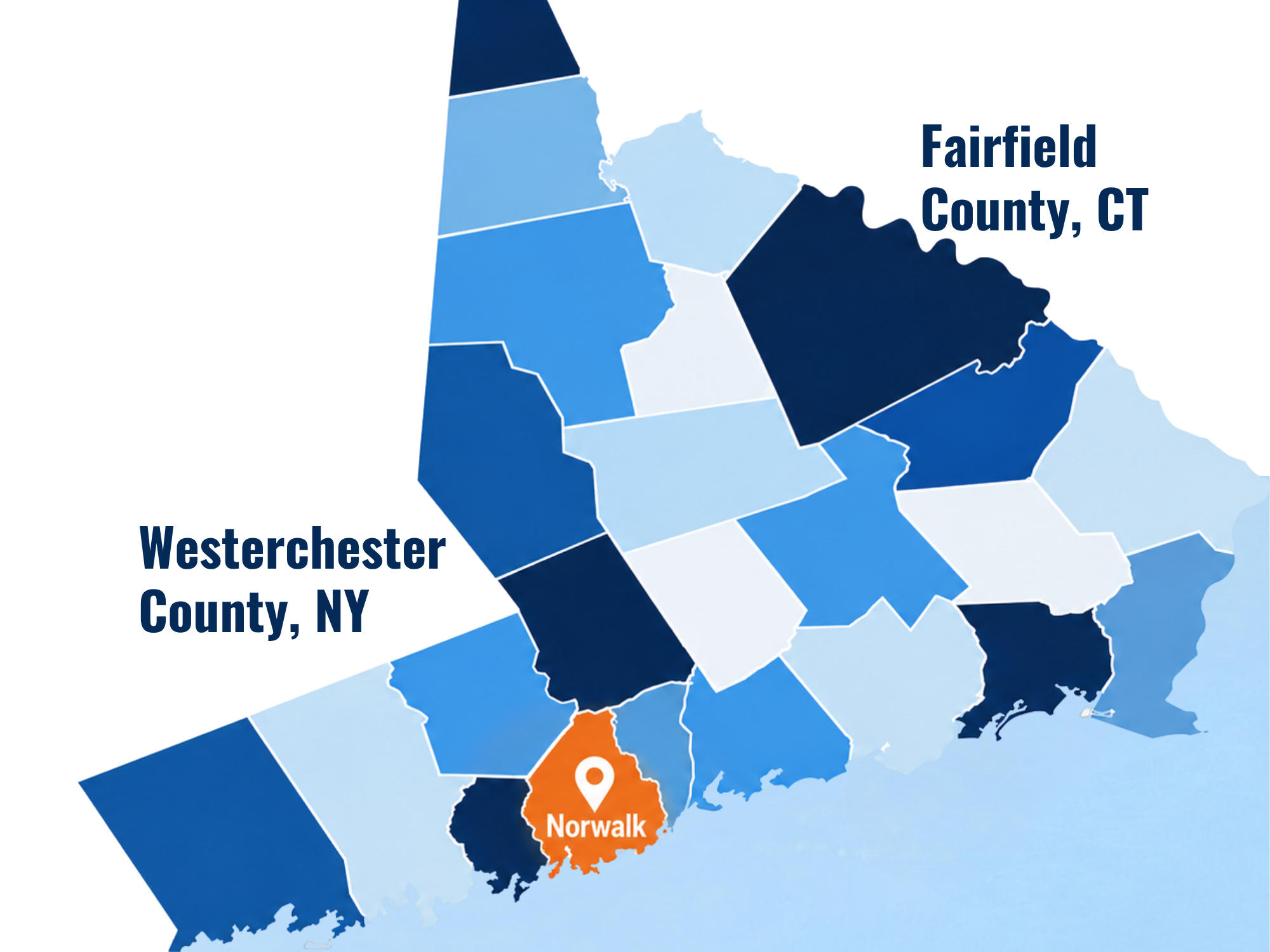 Map highlighting part of Westerchester County, NY, and Fairfield County, CT, near Long Island Sound.