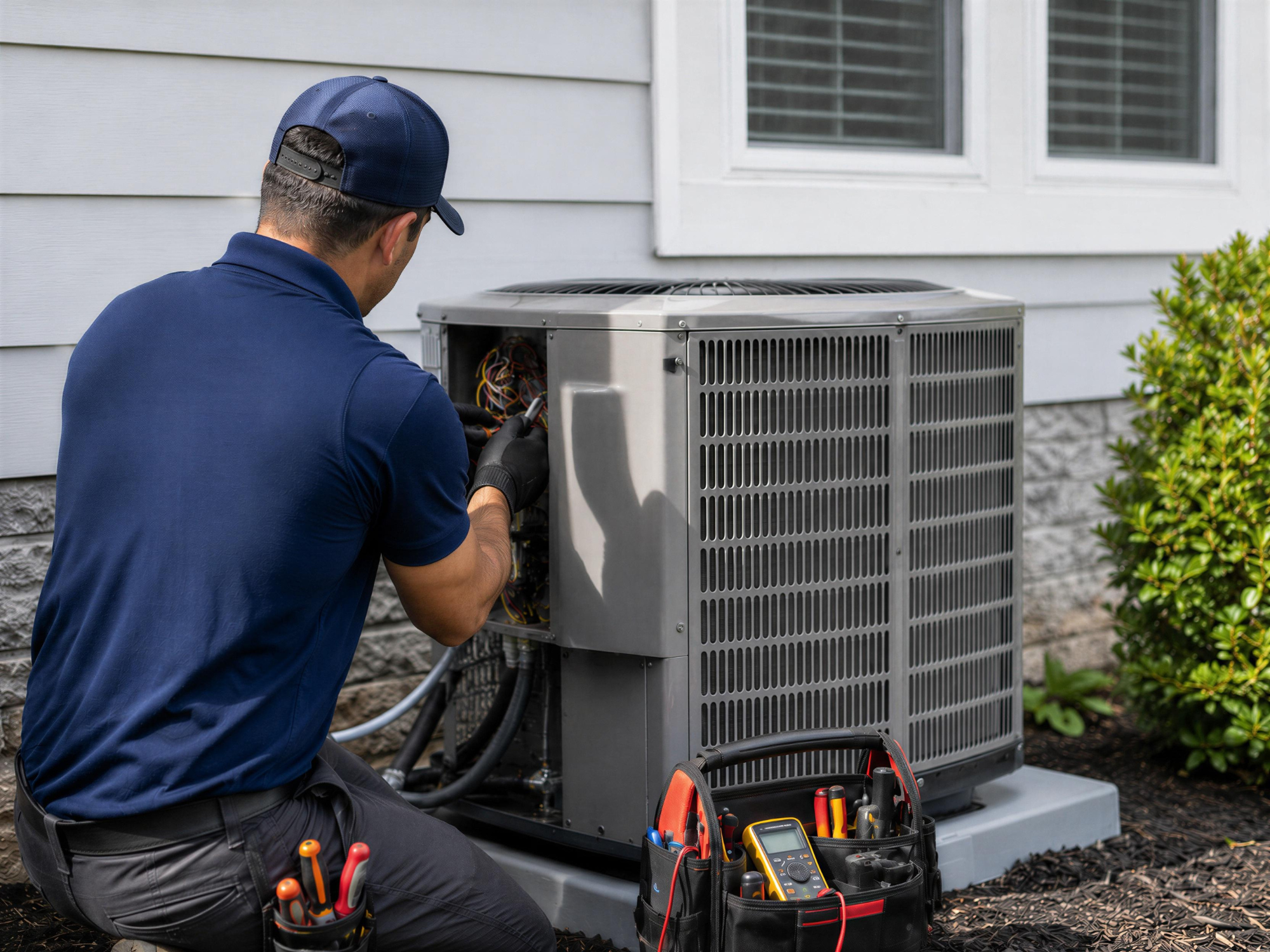 Technician in blue shirt repairs outdoor air conditioning unit beside a house with tools nearby.