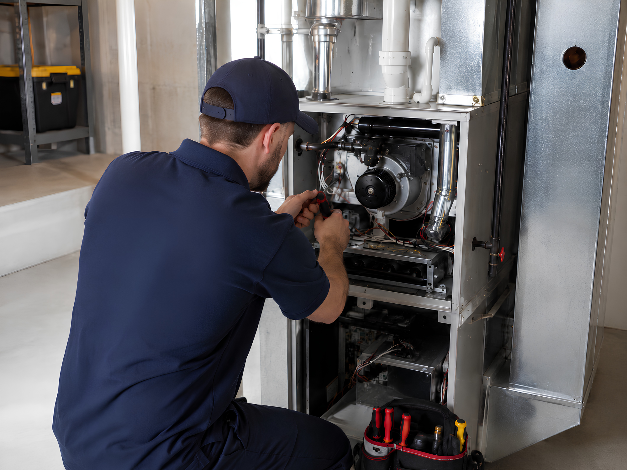 Technician in navy uniform repairing the inside components of a heating furnace.