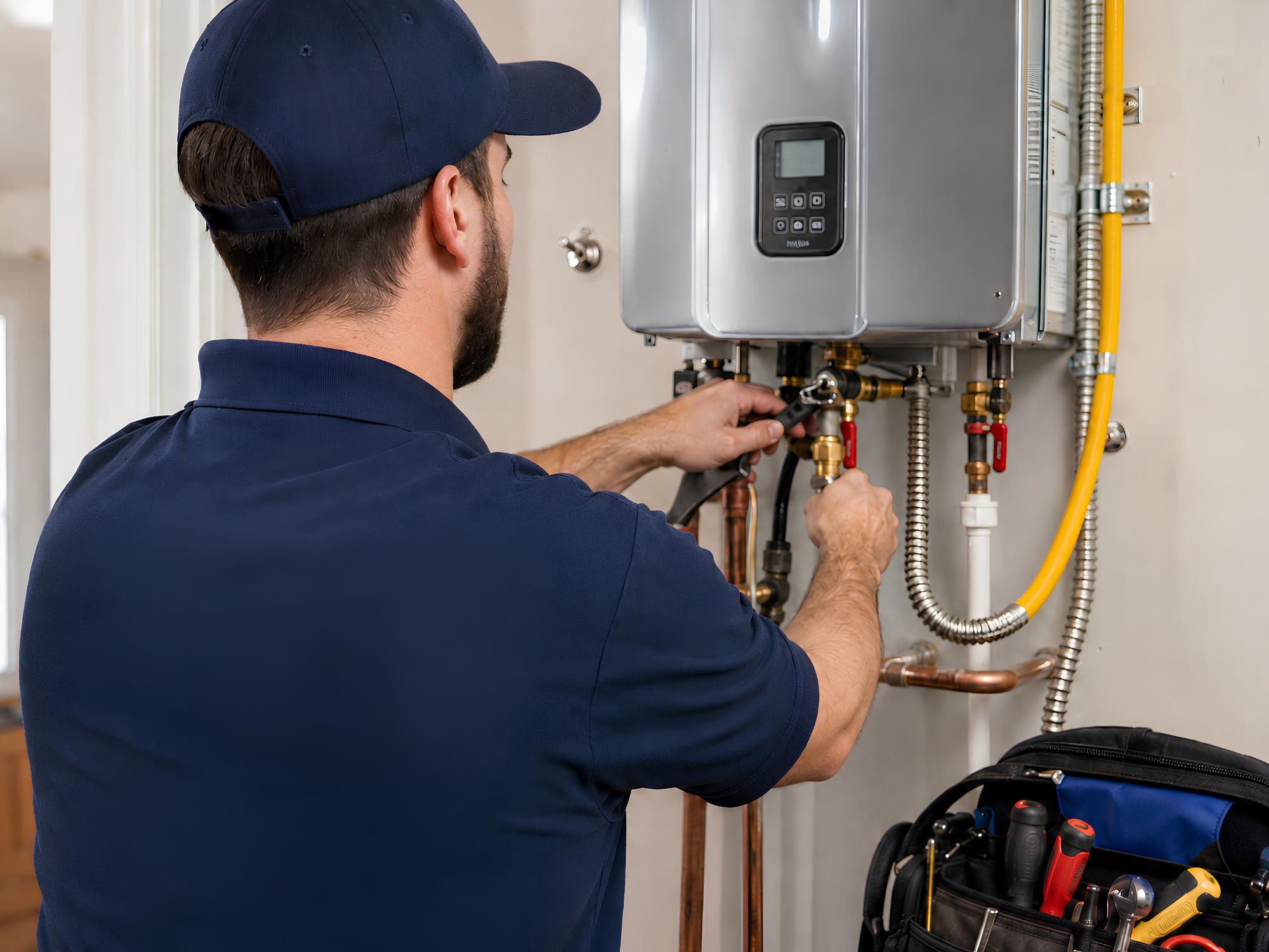 Technician in navy shirt and cap fixing pipes on a wall-mounted boiler with a wrench, tools nearby.