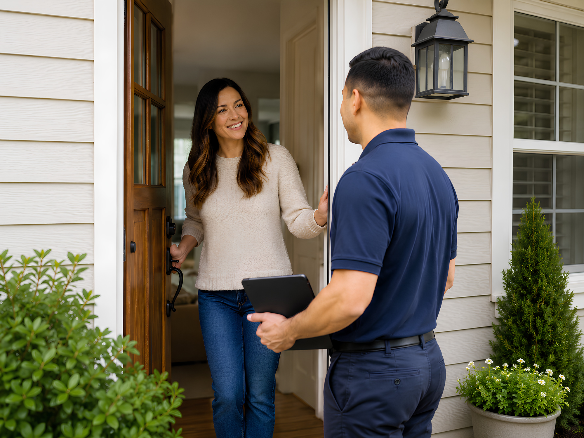 Smiling woman opens front door to greet a man in navy uniform holding a tablet outside her home.