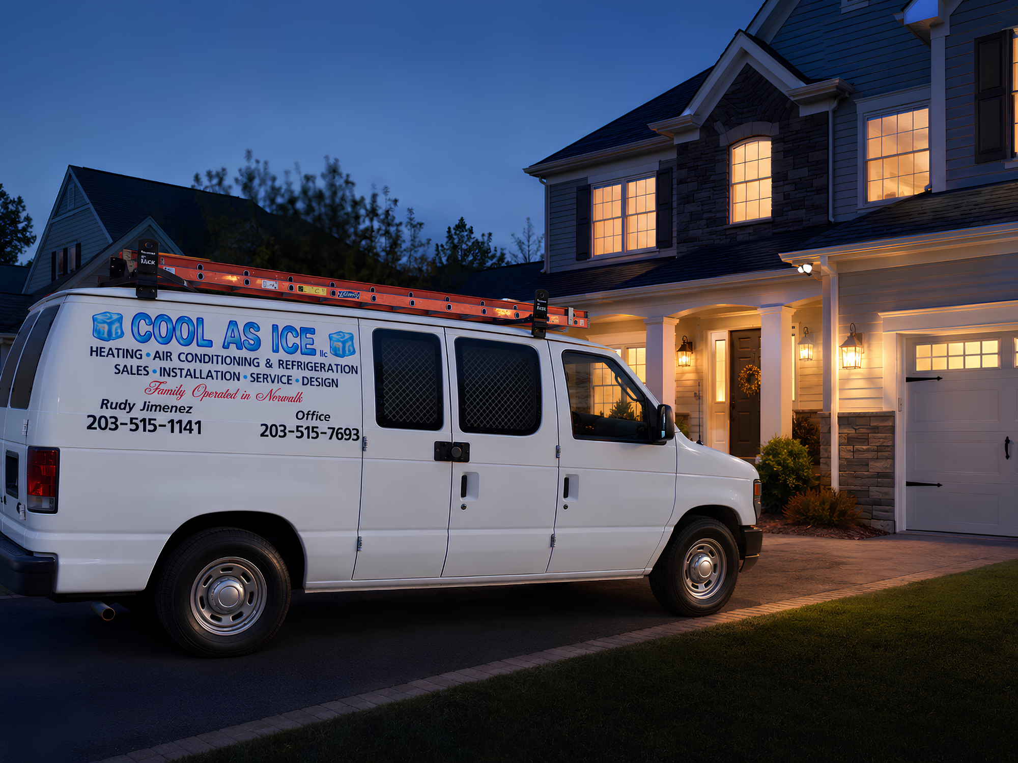 White service van with A/C company sign parked outside a lit suburban house at dusk.