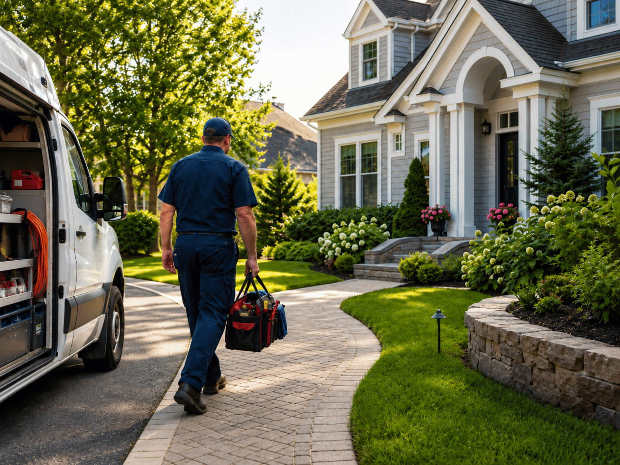 A repairman in uniform walks along a paved path with a tool bag toward a suburban house and van.