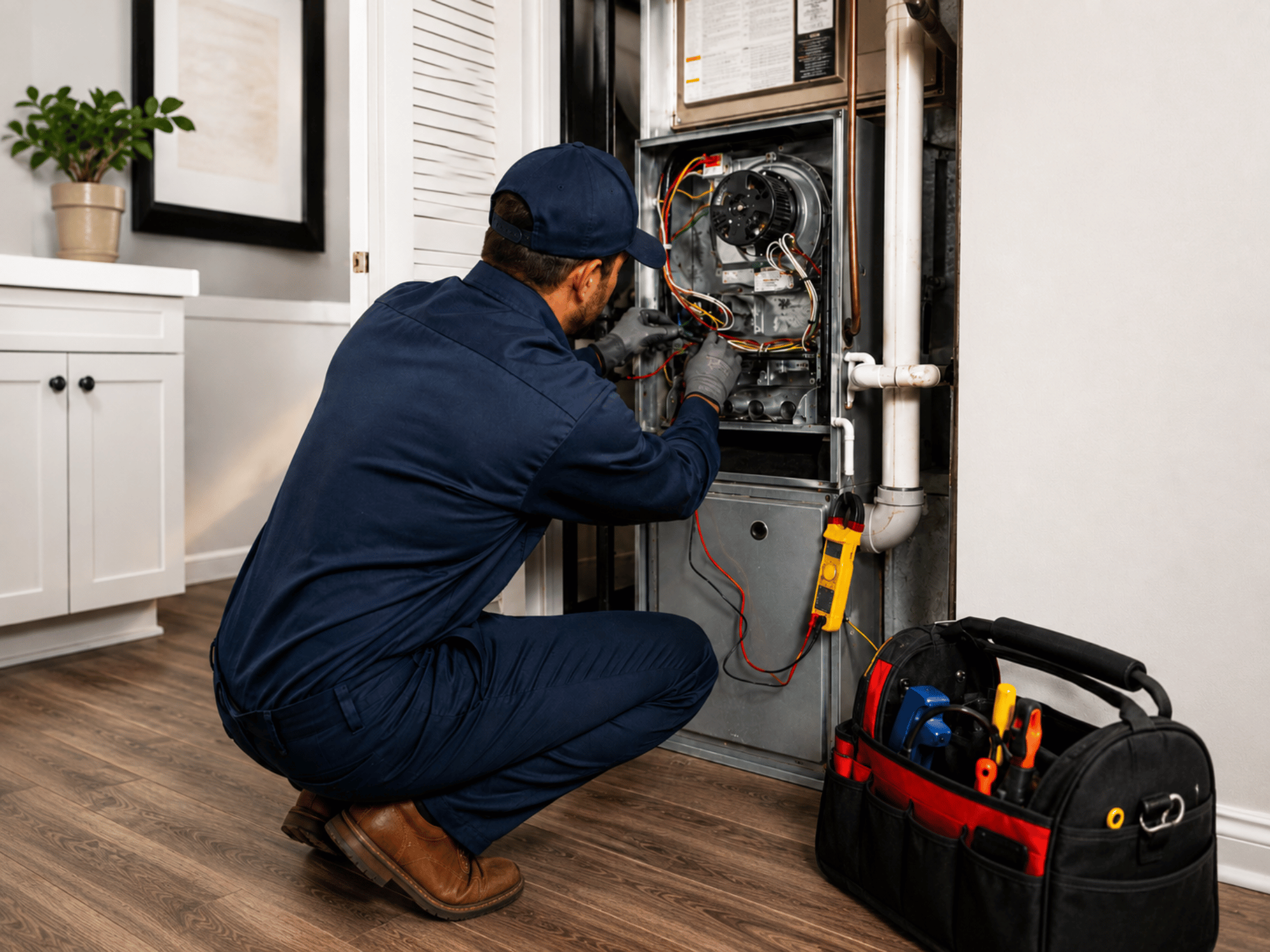 Technician in blue uniform repairing a home furnace with tools and multimeter visible nearby.