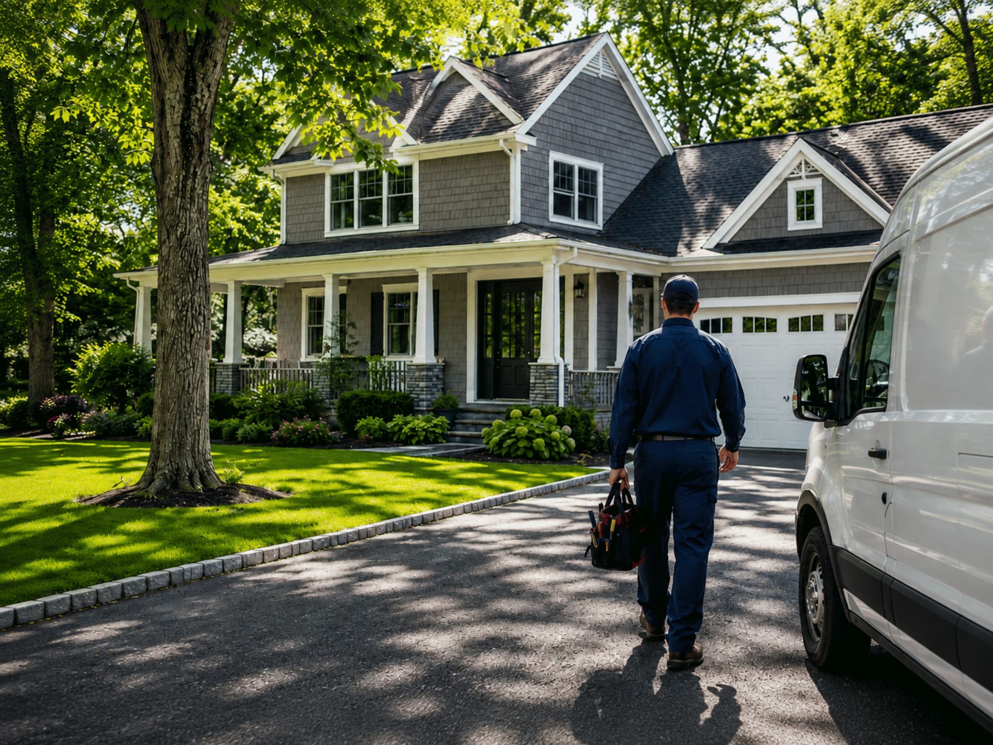 A repairman in blue uniform walking toward a house carrying a tool bag near a white service van.