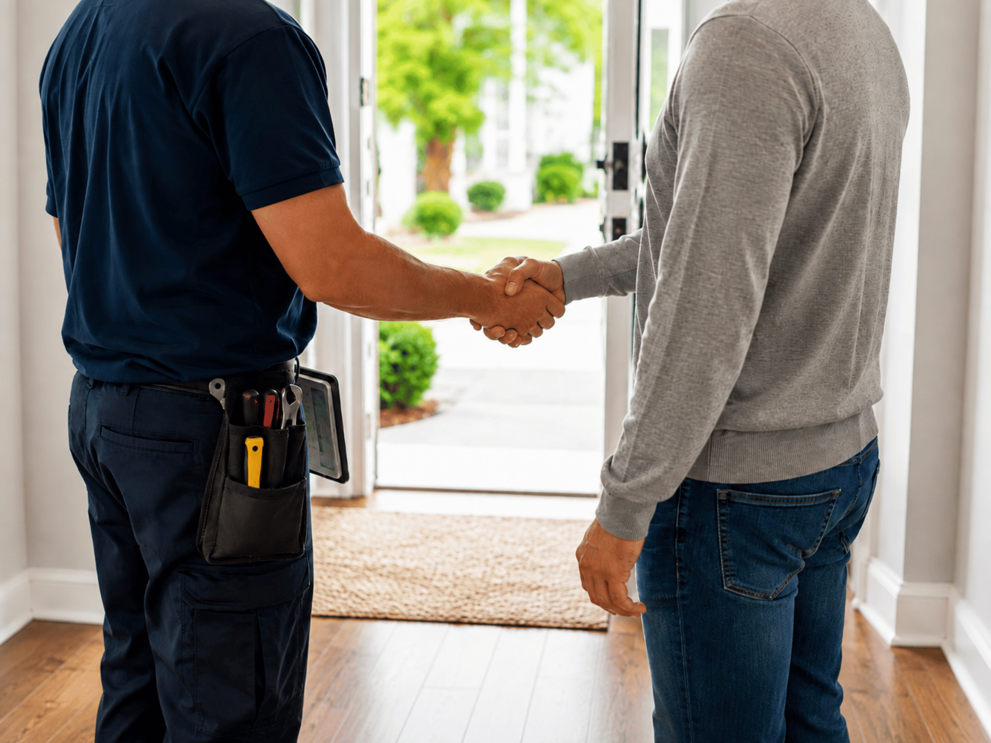 Two men shaking hands inside a home near an open door, one wearing a tool belt.