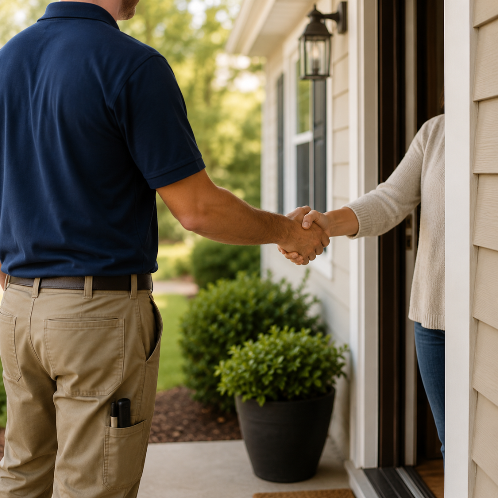 A man in a blue shirt shakes hands with a woman at a house doorway outdoors.