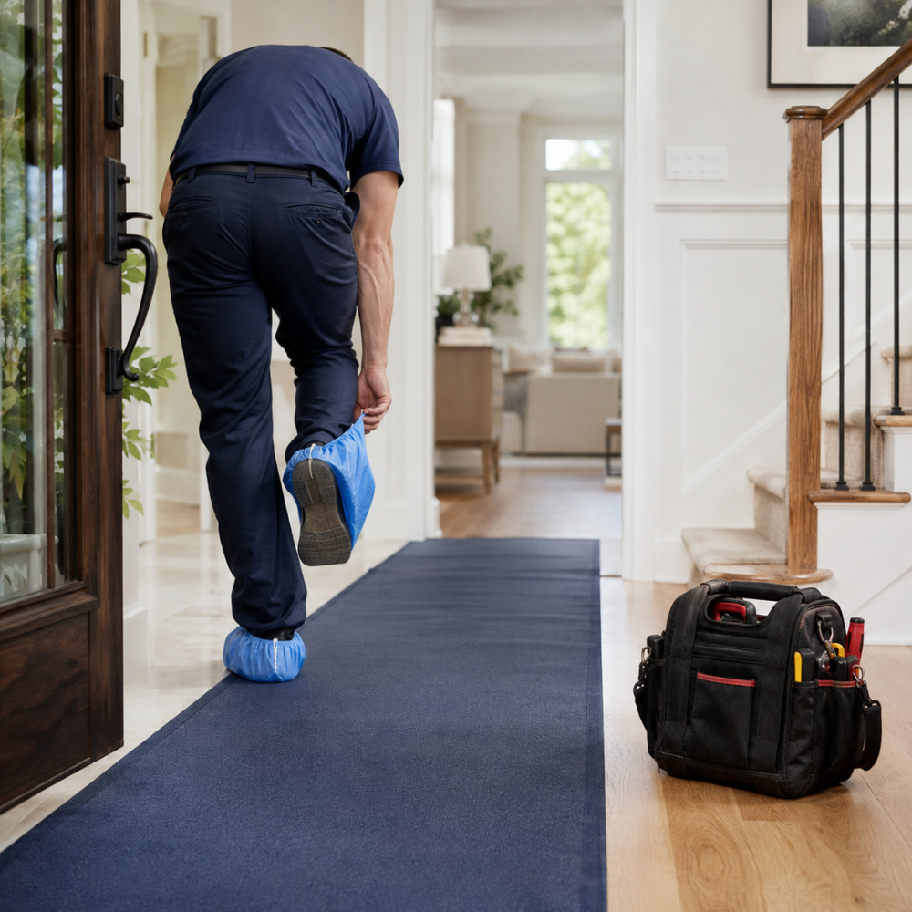 Man putting blue shoe covers on inside a clean, modern home entryway with a tool bag nearby.