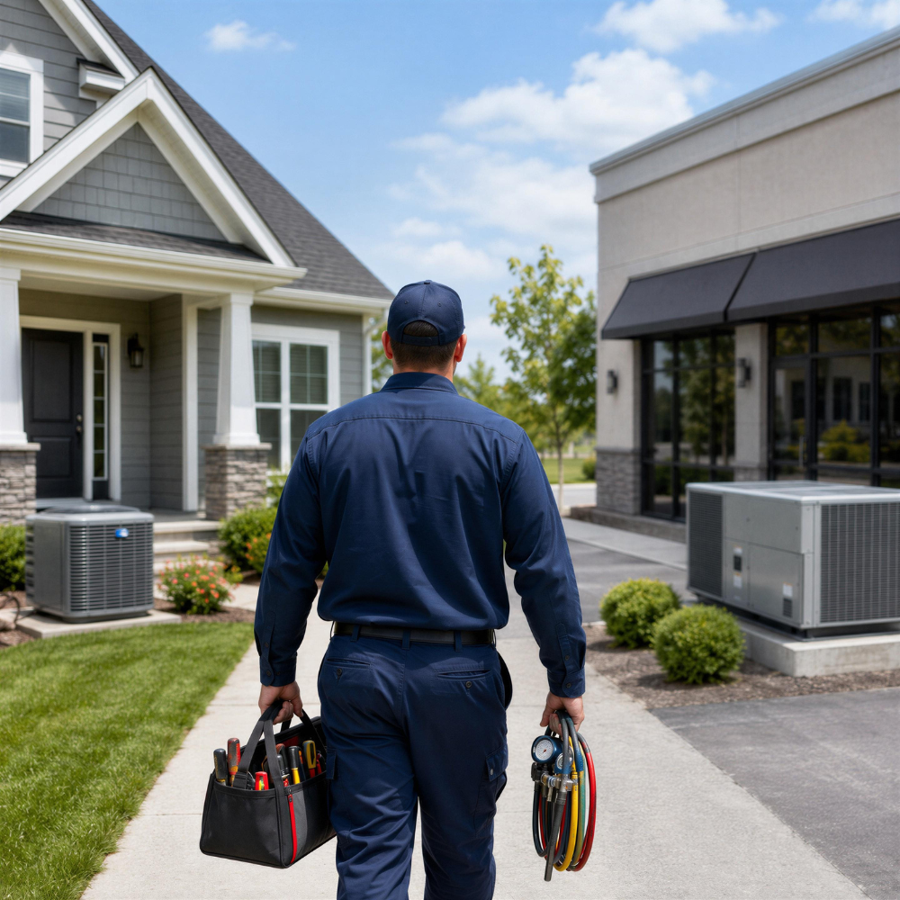 Technician in blue uniform carrying tools and hoses walking on a sidewalk toward air conditioning units.