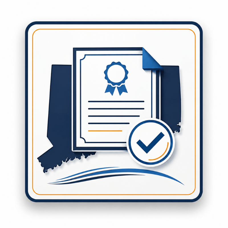 Document with certificate and checkmark over a blue Connecticut state silhouette with decorative lines.
