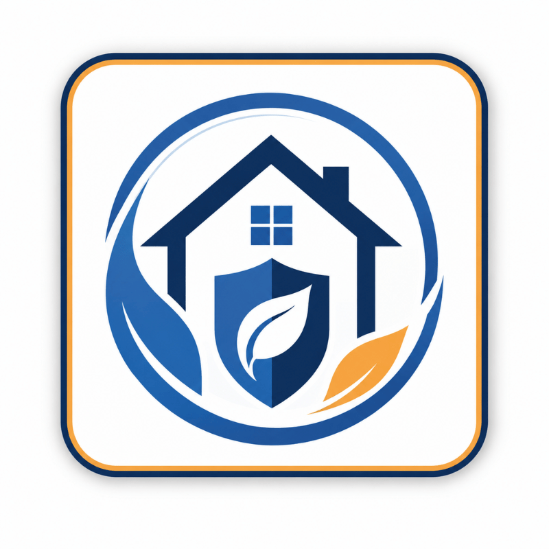 Blue house outline with shield, leaf symbol, and circular swoosh with blue and orange leaves.