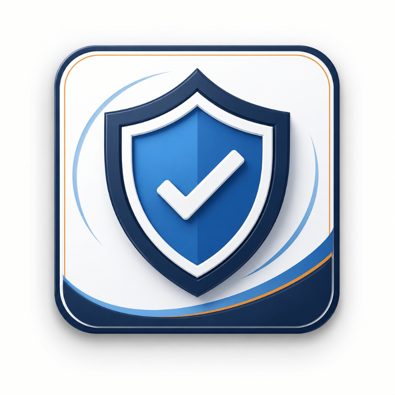 Blue shield with white checkmark icon on rounded square background with blue and orange accents.