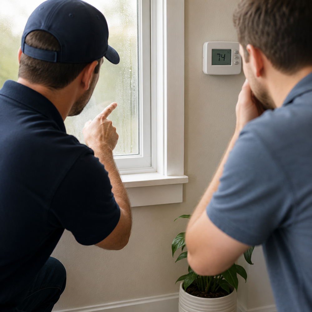 Two men inspect condensation on a window near a wall thermostat reading 74 degrees.